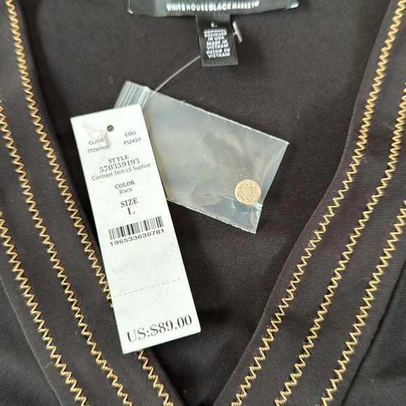 White House Black Market surplus wrap black  top brown contrast stitching NWT Lg - Picture 11 of 11